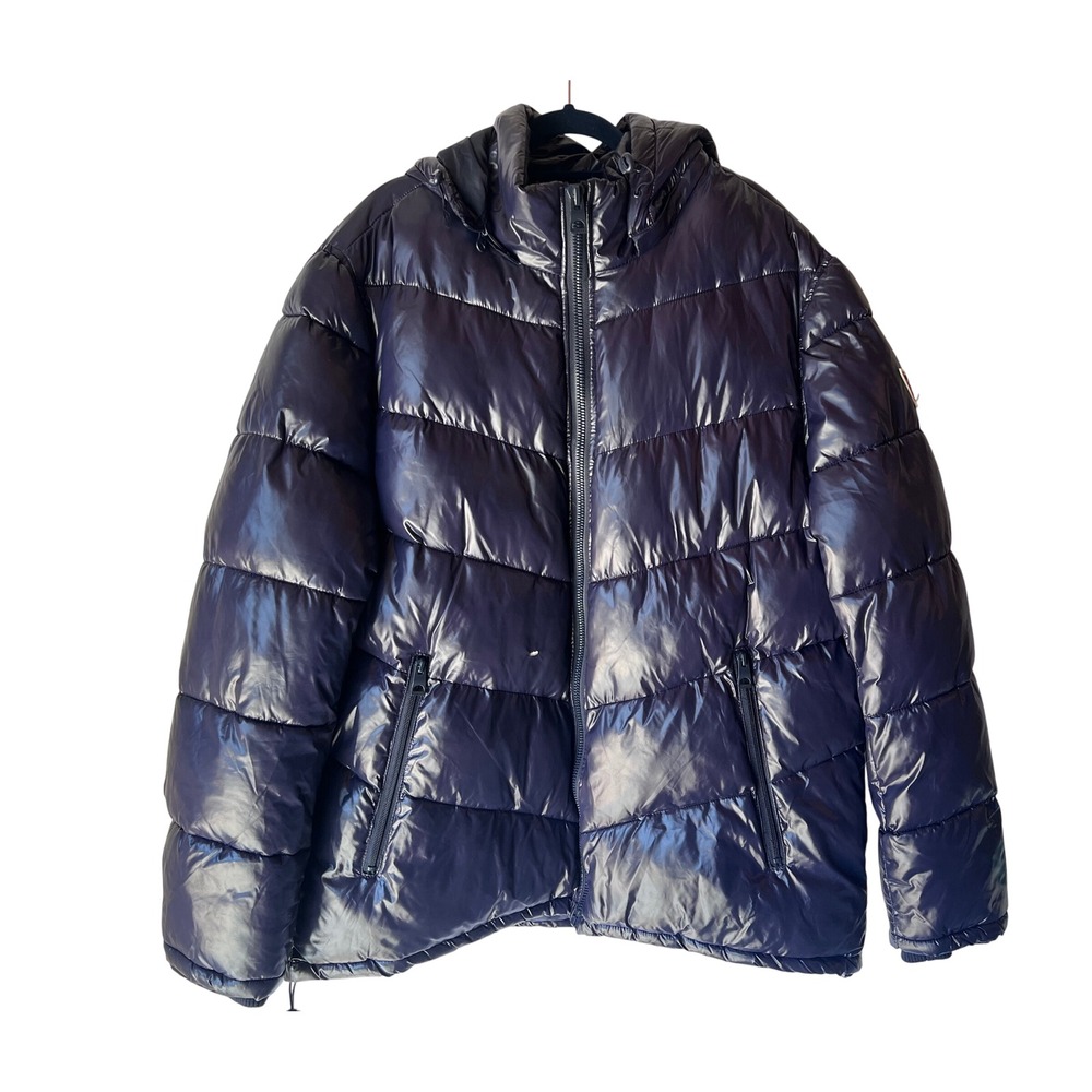 GUESS Mens Puffer Jacket Shiny Purple/Blue Full Zip‎ Hooded Winter XL